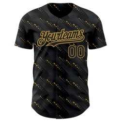 Custom Black Old Gold 3D Pattern Design Slant Lines Authentic Baseball Jersey