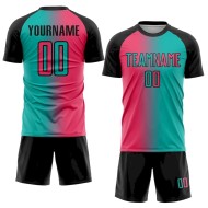 Custom Aqua Neon Pink-Black Sublimation Gradient Fashion Soccer Uniform Jersey