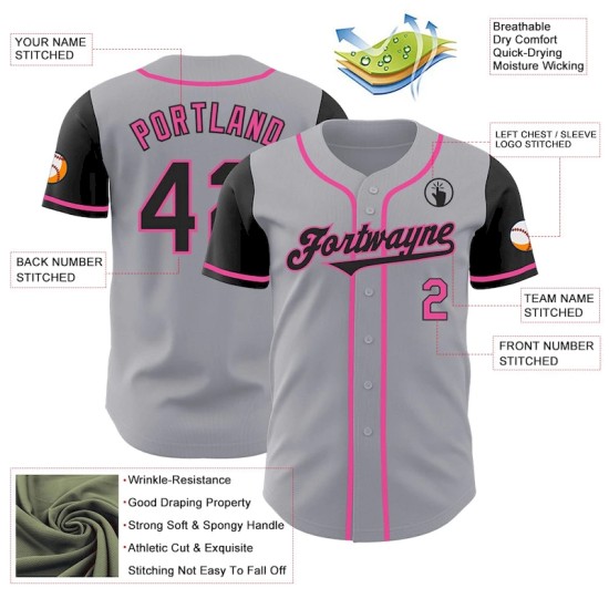 Custom Gray Black-Pink Authentic Two Tone Baseball Jersey